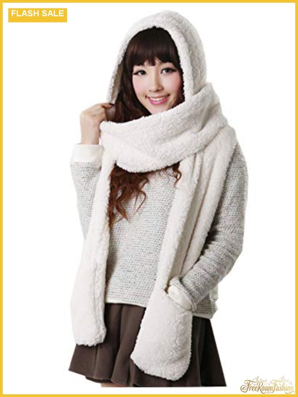 3 in 1 Hooded Scarf with Pockets & Mittens Coral Velvet Winter Wrap
